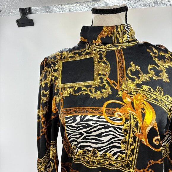 Guess Women's Black Gold Chain Print Long Sleeve Blouse M Polyester - Picture 2 of 6